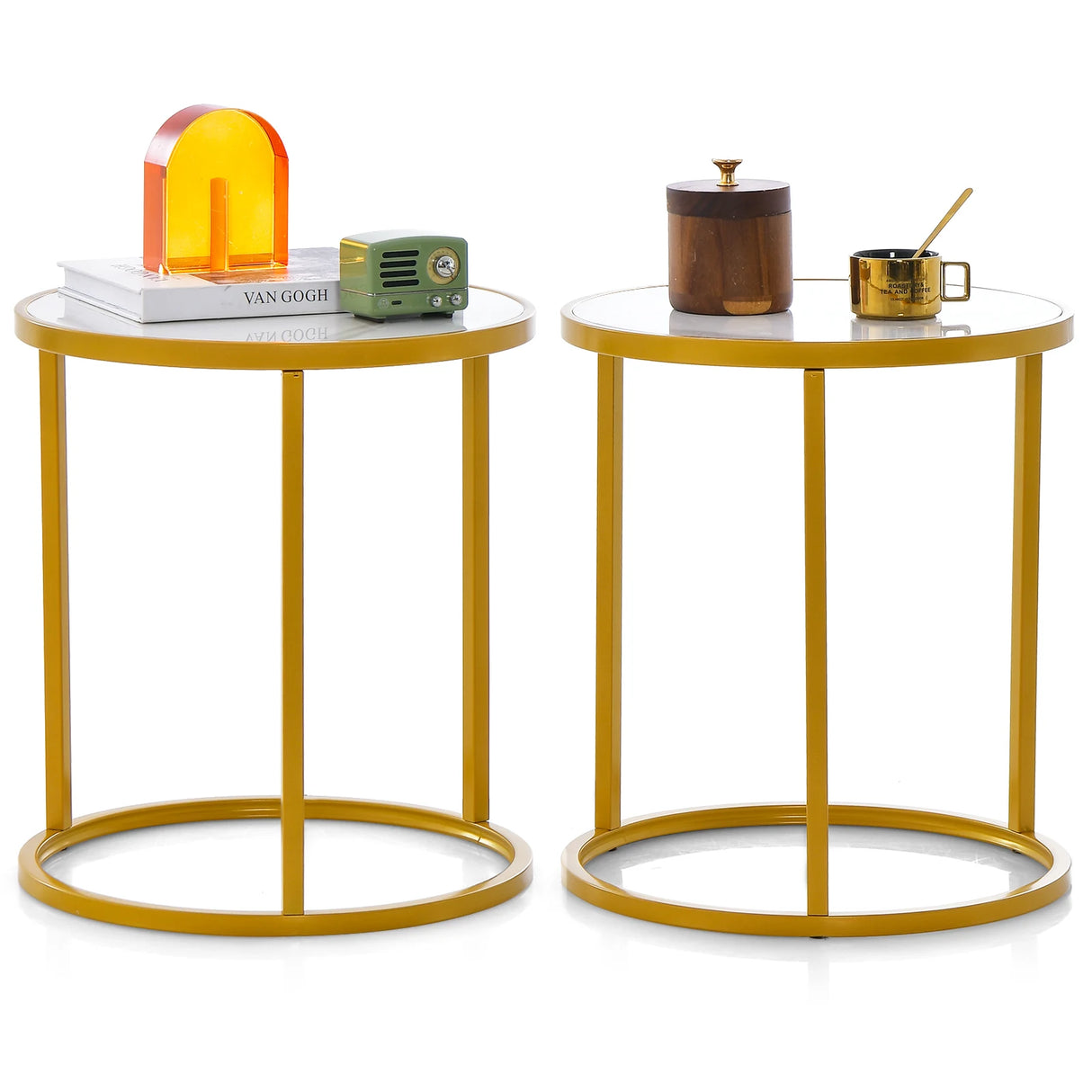 16 Ince Marble Top Round Side Table with Golden Metal Frame for Living Room Bedroom-Set of 2