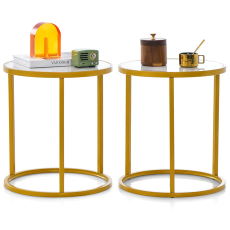 16 Ince Marble Top Round Side Table with Golden Metal Frame for Living Room Bedroom-Set of 2
