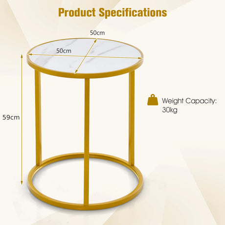 16 Ince Marble Top Round Side Table with Golden Metal Frame for Living Room Bedroom-Set of 2