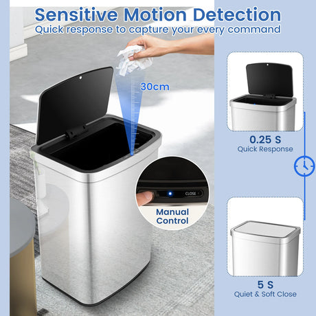 13 Gallons Automatic Garbage Can with Rectangular Infrared Motion Sensor-Sliver