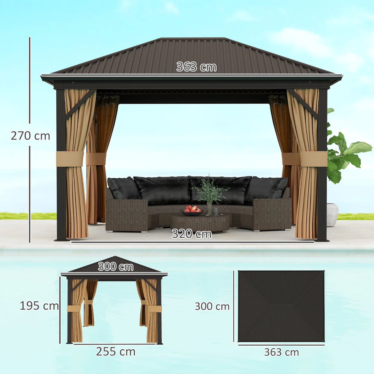 Outsunny 3.6 x 3 m Aluminium Hardtop Gazebo, with Accessories - Brown