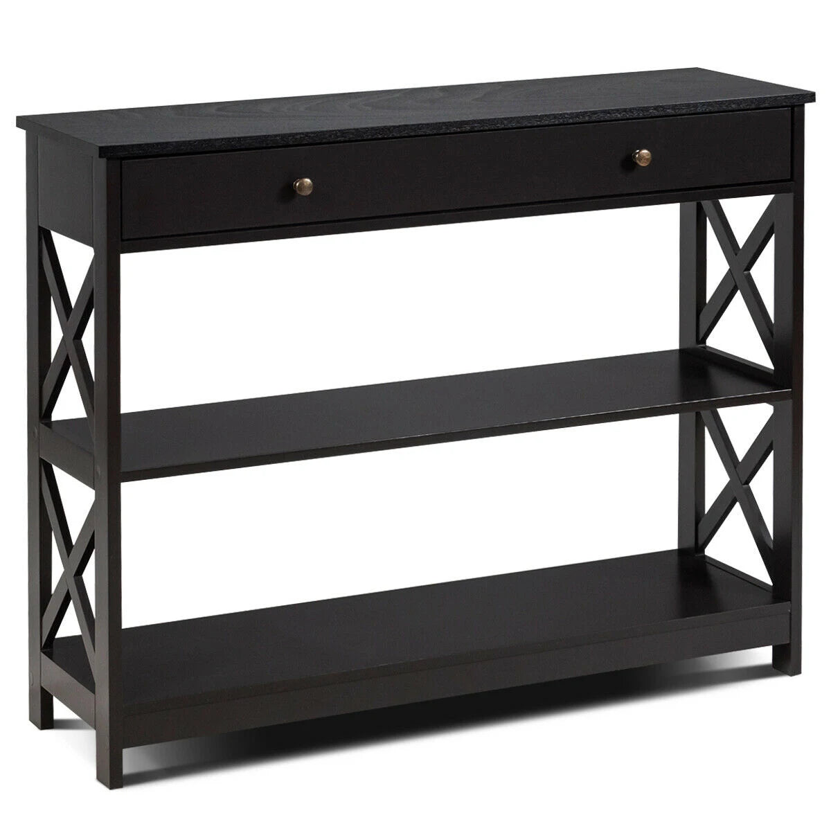 Console Table 3-Tier with Drawer and Storage Shelves-Dark Brown