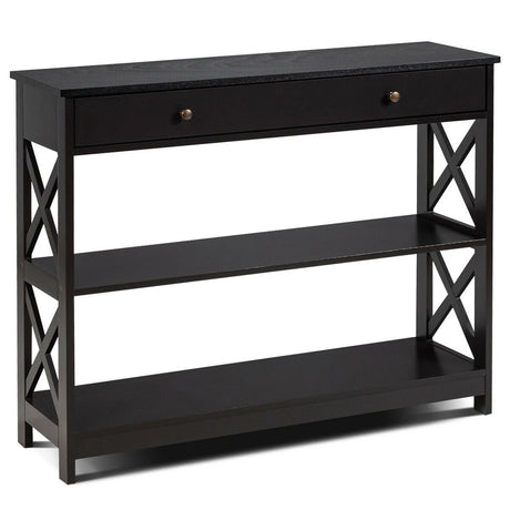 Console Table 3-Tier with Drawer and Storage Shelves-Dark Brown