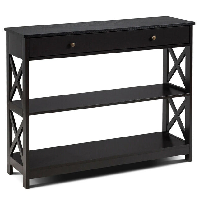 Console Table 3-Tier with Drawer and Storage Shelves-Dark Brown
