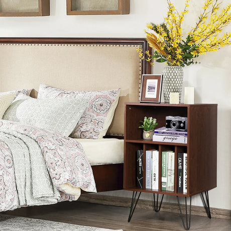 Record Player Stand with 5 Open Compartments for Living Room &amp; Bedroom-Coffee