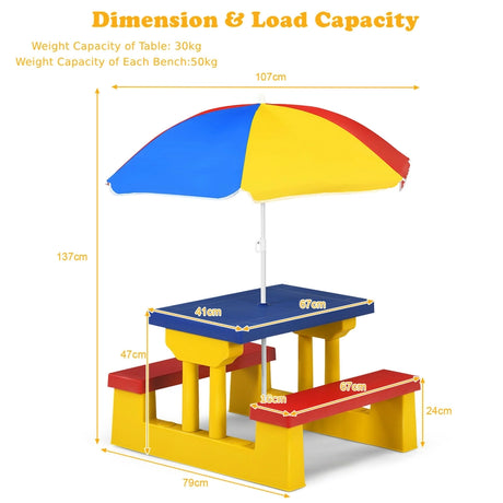 Kids Colorful Picnic Table Set with Removable Umbrella