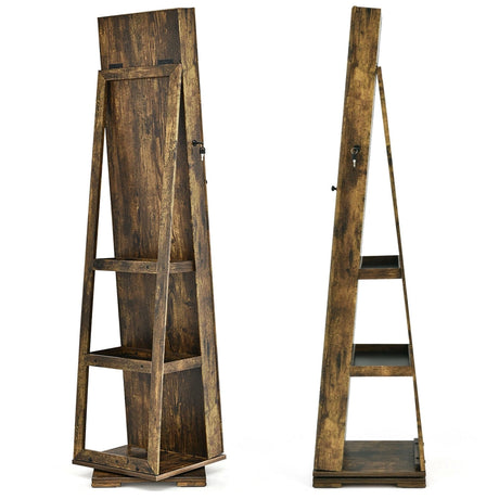 Full Length Mirrored Jewellery Cabinet Rotates 360 with Open Display Shelves-Brown-Coffee
