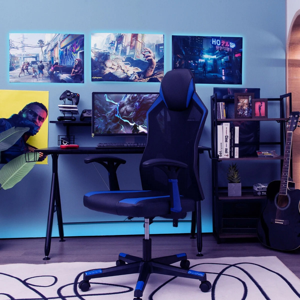 Gaming Chair with Adjustable Mesh Back-Blue