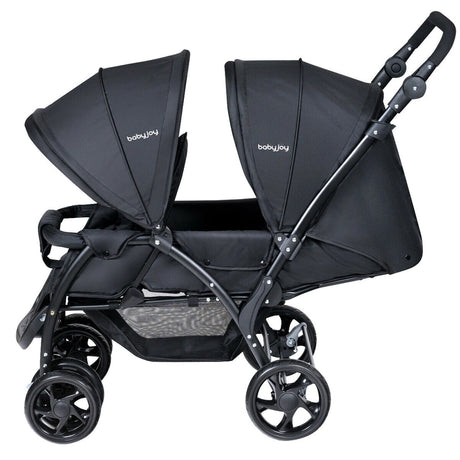 Double Pushchair with Adjustable Backrest and Sunshade-Black