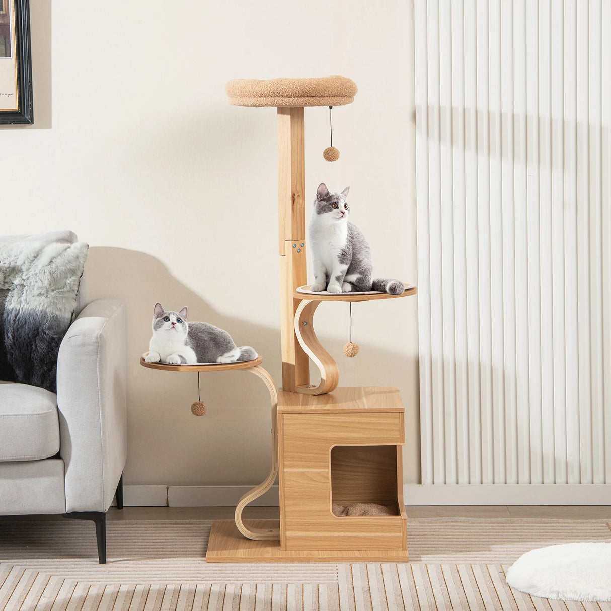 4-Layer Wooden Cat Tree 51" Tall Cat Tower with Condo and Washable Cushions-Natural