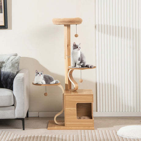 4-Layer Wooden Cat Tree 51" Tall Cat Tower with Condo and Washable Cushions-Natural