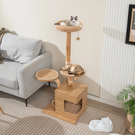 4-Layer Wooden Cat Tree 51" Tall Cat Tower with Condo and Washable Cushions-Natural