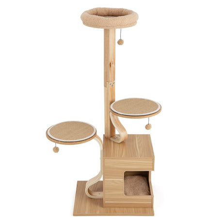 4-Layer Wooden Cat Tree 51" Tall Cat Tower with Condo and Washable Cushions-Natural