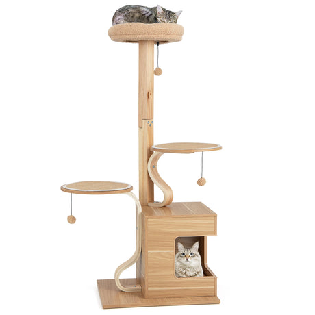 4-Layer Wooden Cat Tree 51" Tall Cat Tower with Condo and Washable Cushions-Natural