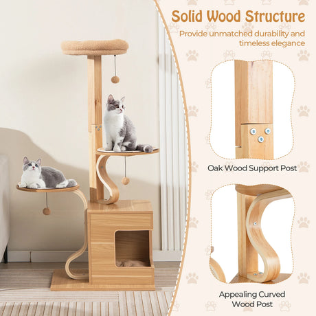 4-Layer Wooden Cat Tree 51" Tall Cat Tower with Condo and Washable Cushions-Natural