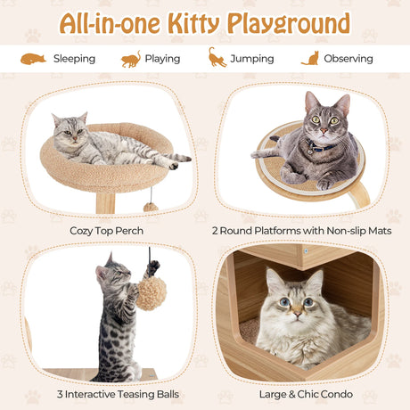 4-Layer Wooden Cat Tree 51" Tall Cat Tower with Condo and Washable Cushions-Natural
