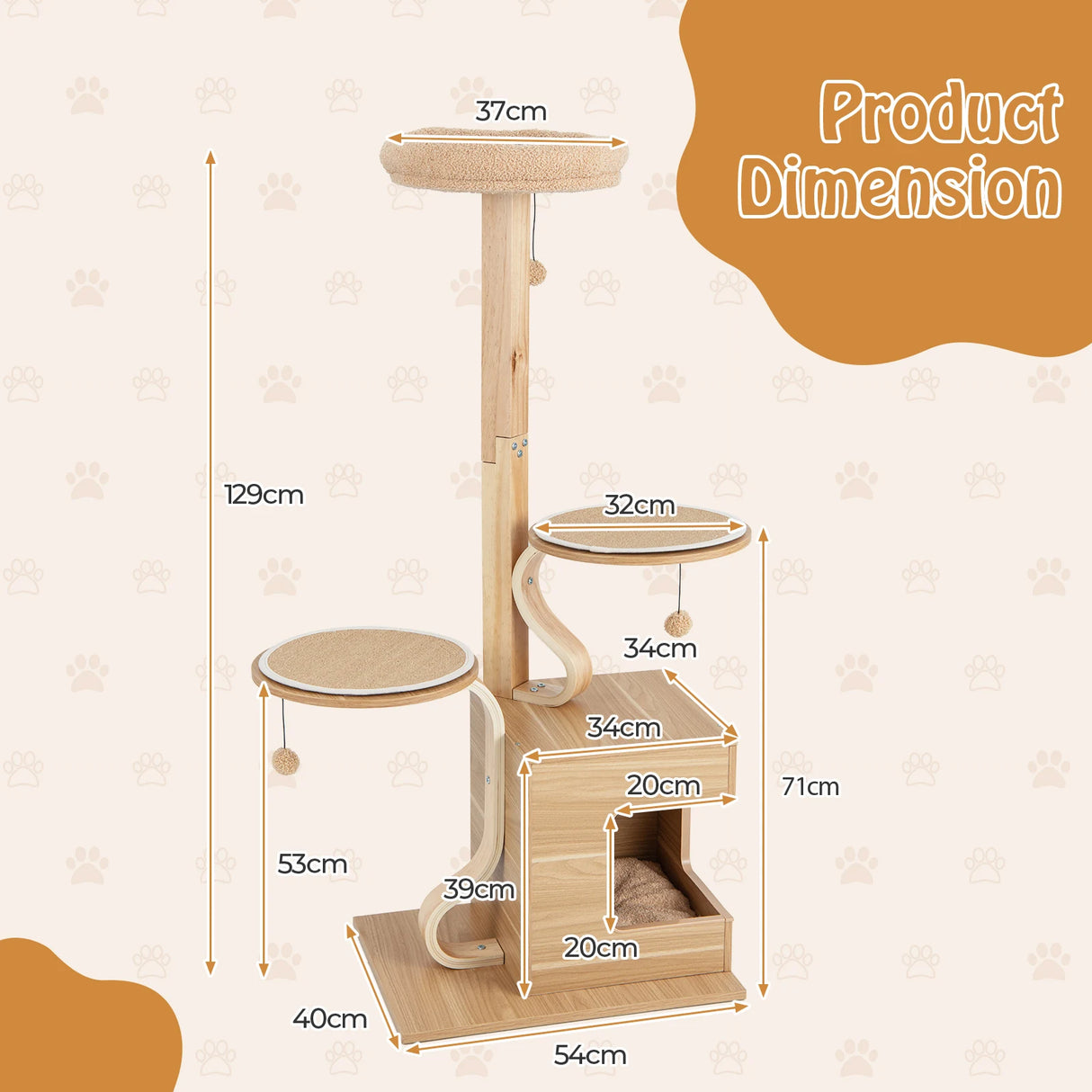 4-Layer Wooden Cat Tree 51" Tall Cat Tower with Condo and Washable Cushions-Natural