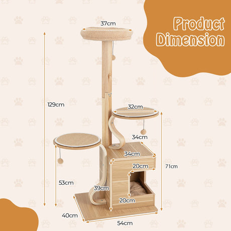 4-Layer Wooden Cat Tree 51" Tall Cat Tower with Condo and Washable Cushions-Natural