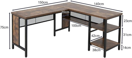 L-shaped Office Desk with Open Shelf &amp; 2-Tier Side Shelves-Coffee
