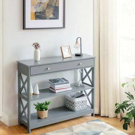 Console Table 3-Tier with Drawer and Storage Shelves-Gray