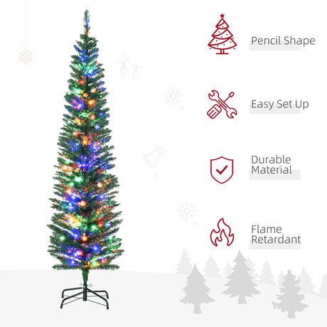 HOMCOM 6' Artificial Prelit Christmas Trees Holiday Dcor with Colourful LED Lights, Pencil Shape, Steel Base