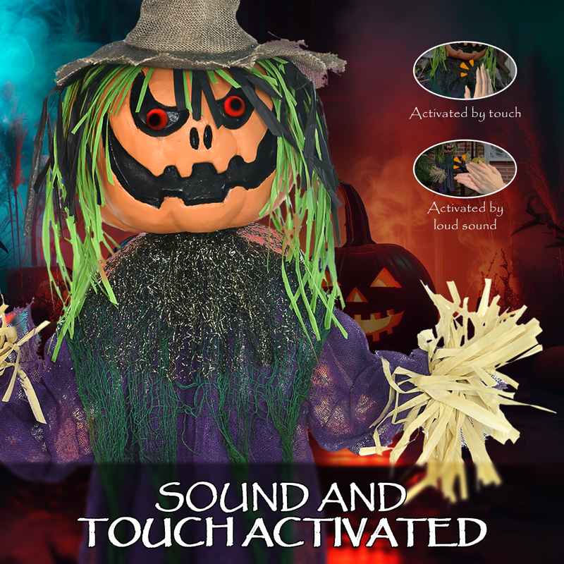 HOMCOM 3'6" Pumpkin Scarecrow Halloween Animatronic, with Glowing Eyes