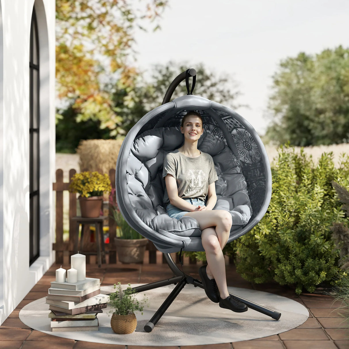 Outsunny Round Egg Basket Chair, with Steel Stand, Charcoal Grey