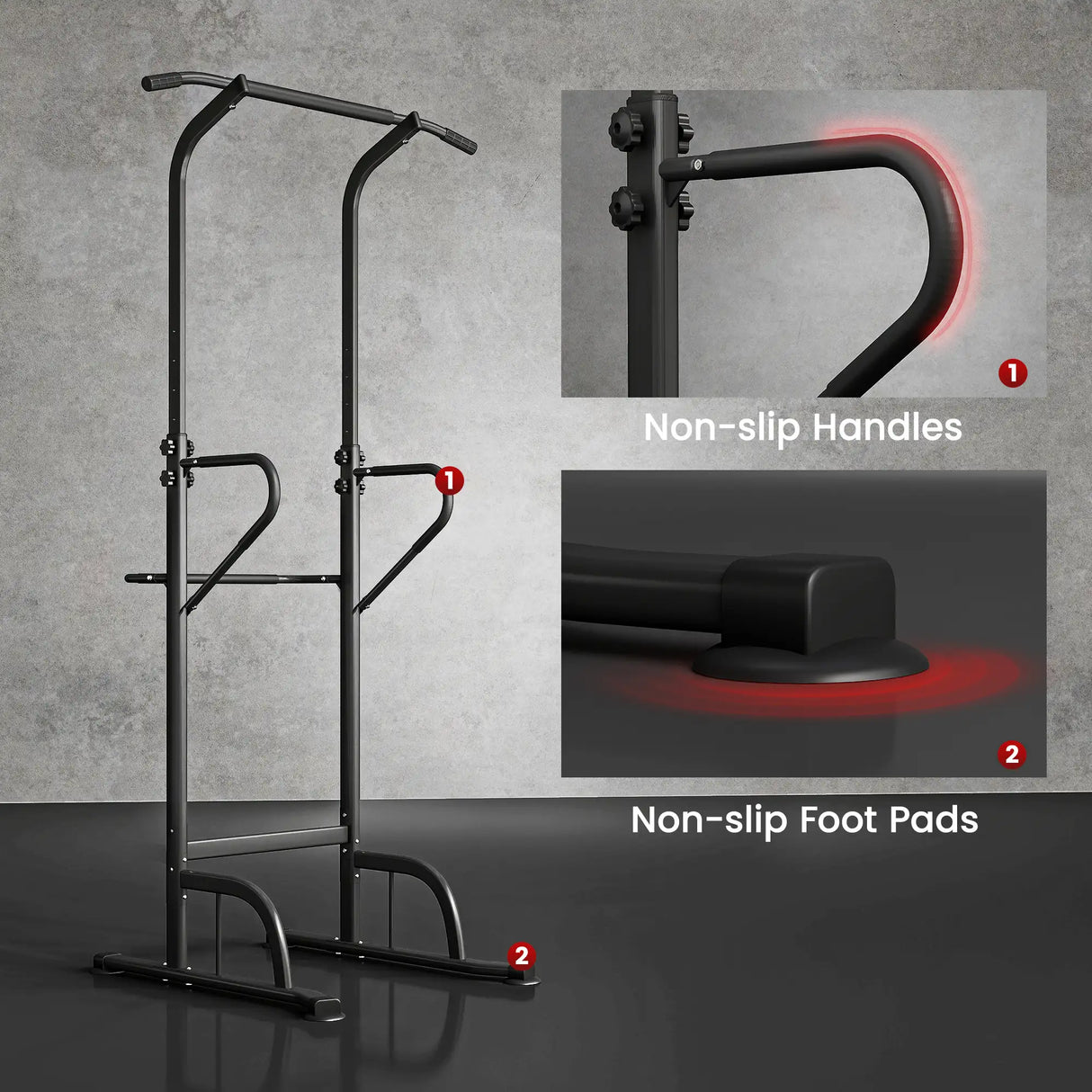 HOMCOM Power Tower Dip Station Pull Up Bar Multi-Function Push Up Equipment with Adjustable Height for Home Gym Strength Training Workout Fitness