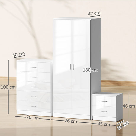HOMCOM High Gloss 3 Piece Trio Bedroom Furniture Set Wardrobe + Chest Of Drawer + Bedside White