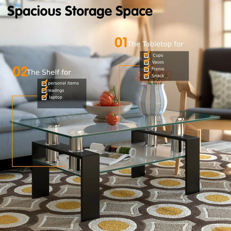 Rectangle Glass Coffee Table with Metal Legs for Living Room-Black