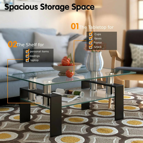 Rectangle Glass Coffee Table with Metal Legs for Living Room-Black