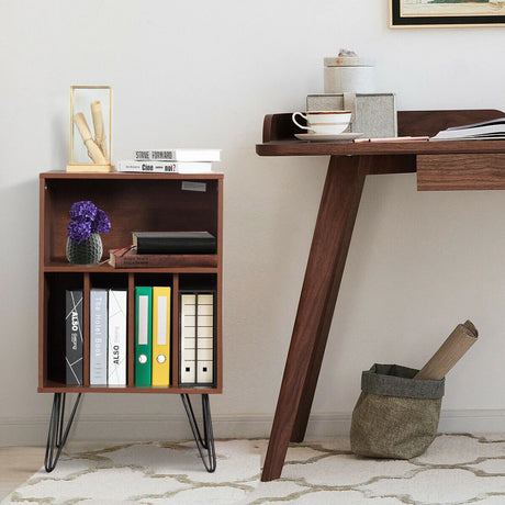Record Player Stand with 5 Open Compartments for Living Room &amp; Bedroom-Coffee