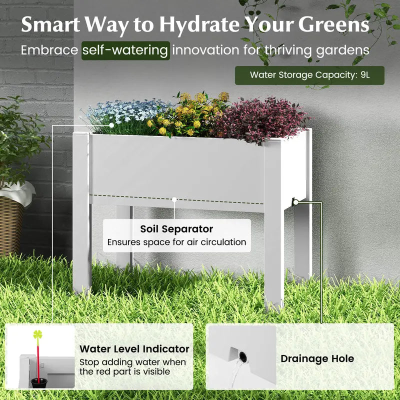 53L Raised Bed Grow Box Self-Watering Planter Box Stand with Water Level Monitor-White