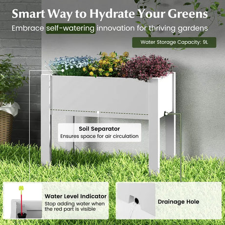 53L Raised Bed Grow Box Self-Watering Planter Box Stand with Water Level Monitor-White