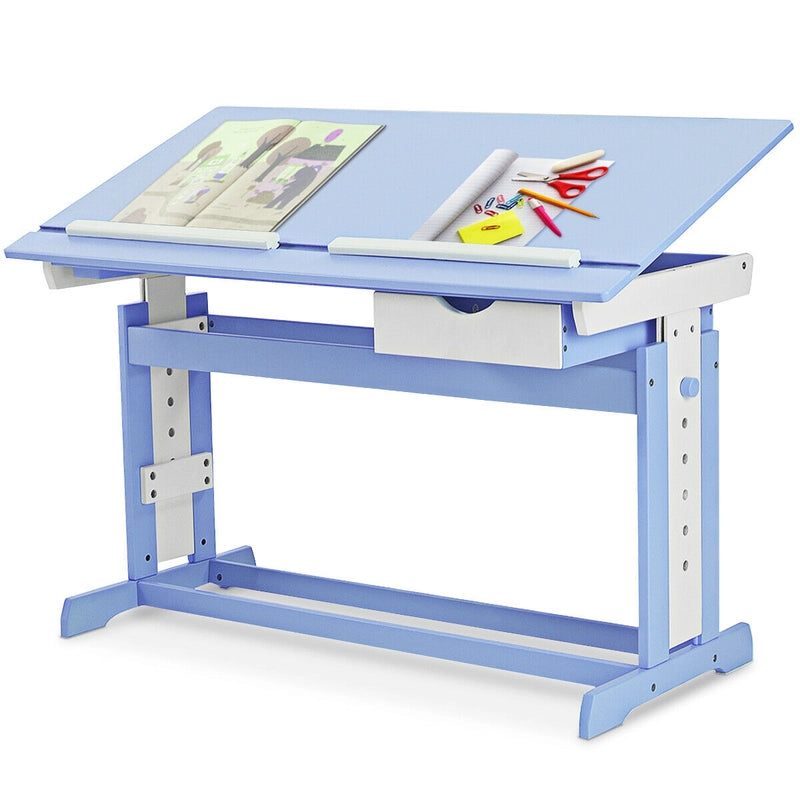 Children's Height Adjustable Tilting Drawing Table with Storage-Blue