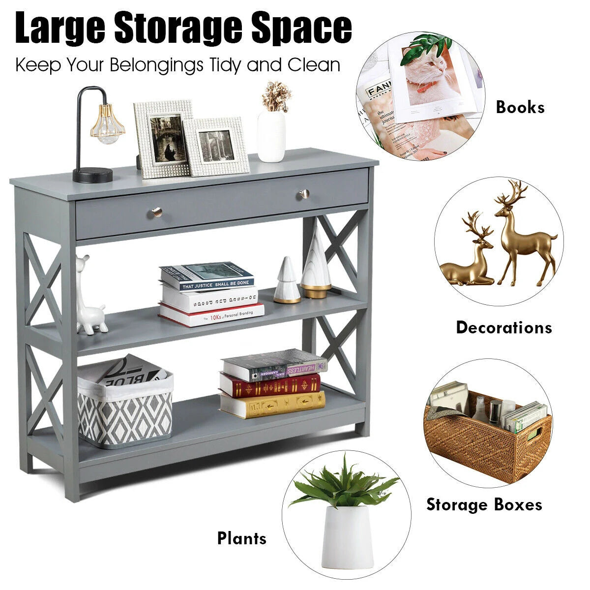Console Table 3-Tier with Drawer and Storage Shelves-Gray
