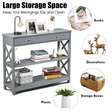 Console Table 3-Tier with Drawer and Storage Shelves-Gray