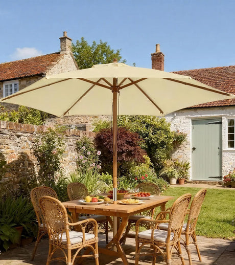 Outsunny 2.5m Wood Garden Parasol Sun Shade Patio Outdoor Wooden Umbrella Canopy, Table Market Umbrella with Vent, 38mm Pole, Rope Pulley Mechanism, Cream White