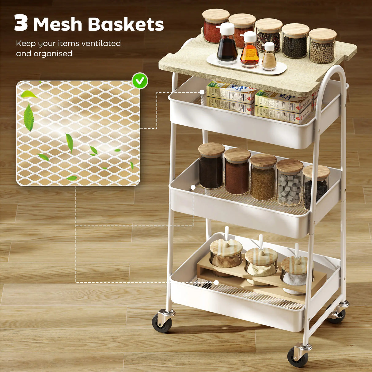HOMCOM 3-Tier Kitchen Storage Trolley with on Wheels Cover Top Board - White and Oak