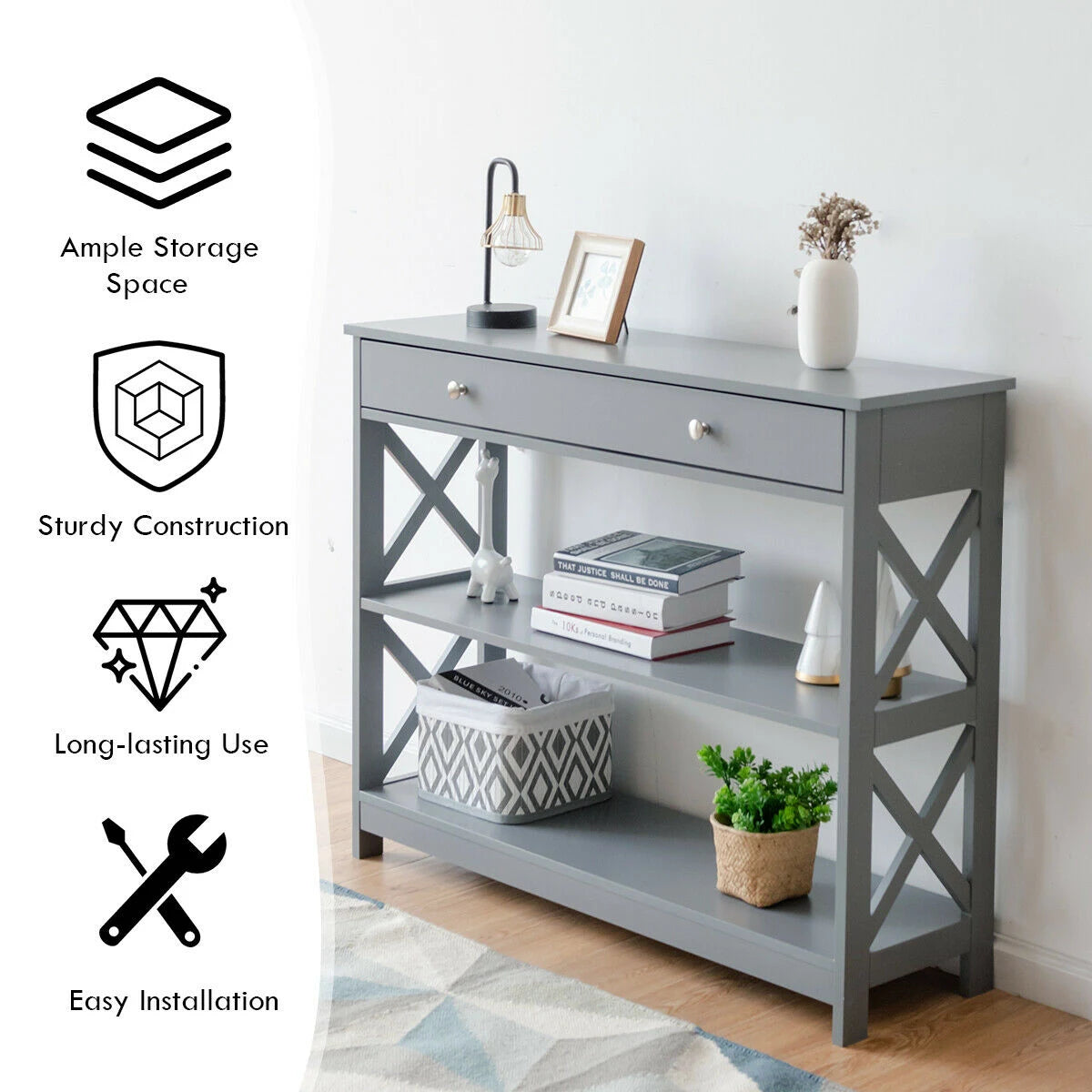 Console Table 3-Tier with Drawer and Storage Shelves-Gray