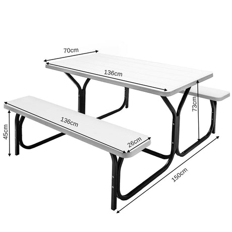 Picnic Table and Bench Set with Metal Frame and All Weather-resistant Surface for Backyard-White