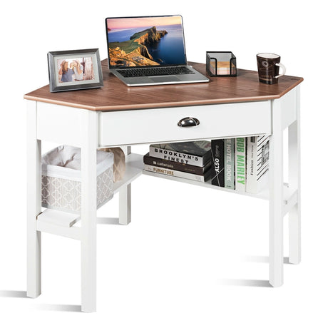 Corner Computer Desk with Drawer &amp; Shelves for Office Natural