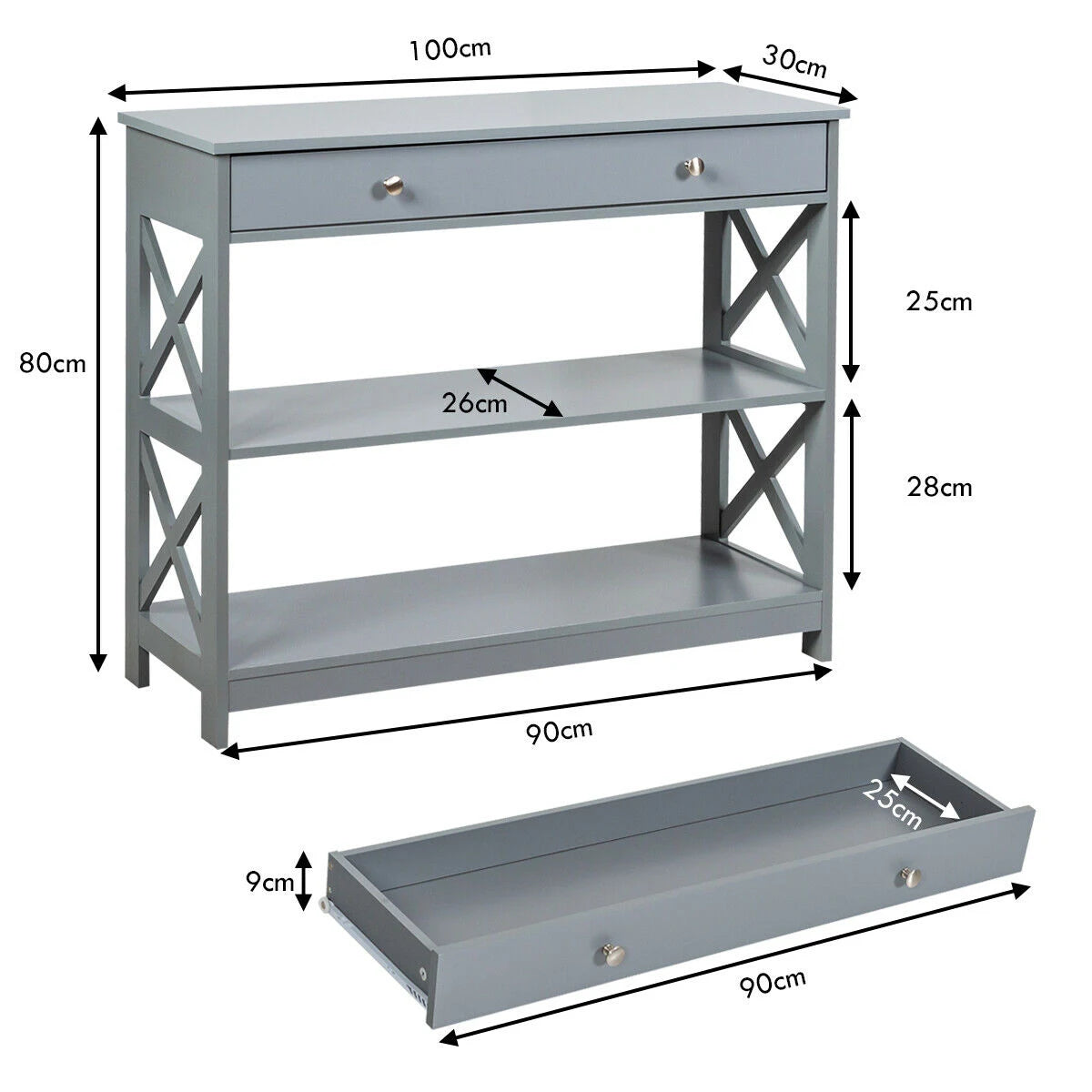 Console Table 3-Tier with Drawer and Storage Shelves-Gray