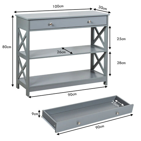 Console Table 3-Tier with Drawer and Storage Shelves-Gray