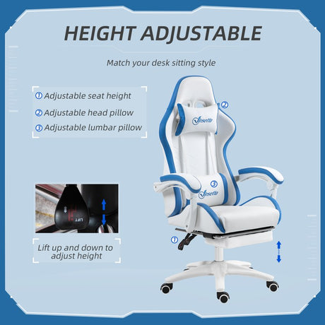 Vinsetto Computer Gaming Chair, PU Leather Desk Chair with Footrest, Swivel Task Chair with 135° Reclining Back and Lumbar Support, PC Chair for Adults, White and Blue