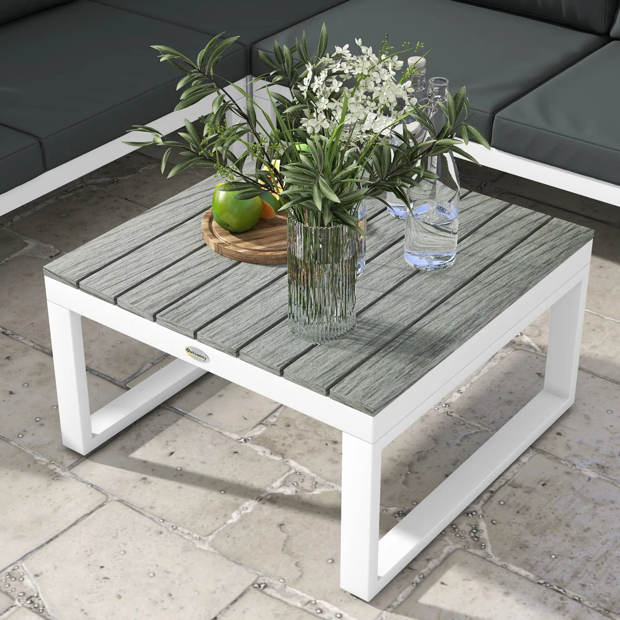 Outsunny 4 Pieces Garden Furniture Set, 5-Level Reclining Garden Corner Sofa Set, Outdoor Lounge Conversation Sectional with Cushions, Wood Effect Plastic Table, White Frame & Grey Cushion