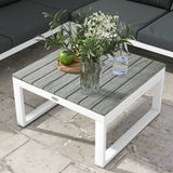 Outsunny 4 Pieces Garden Furniture Set, 5-Level Reclining Garden Corner Sofa Set, Outdoor Lounge Conversation Sectional with Cushions, Wood Effect Plastic Table, White Frame & Grey Cushion