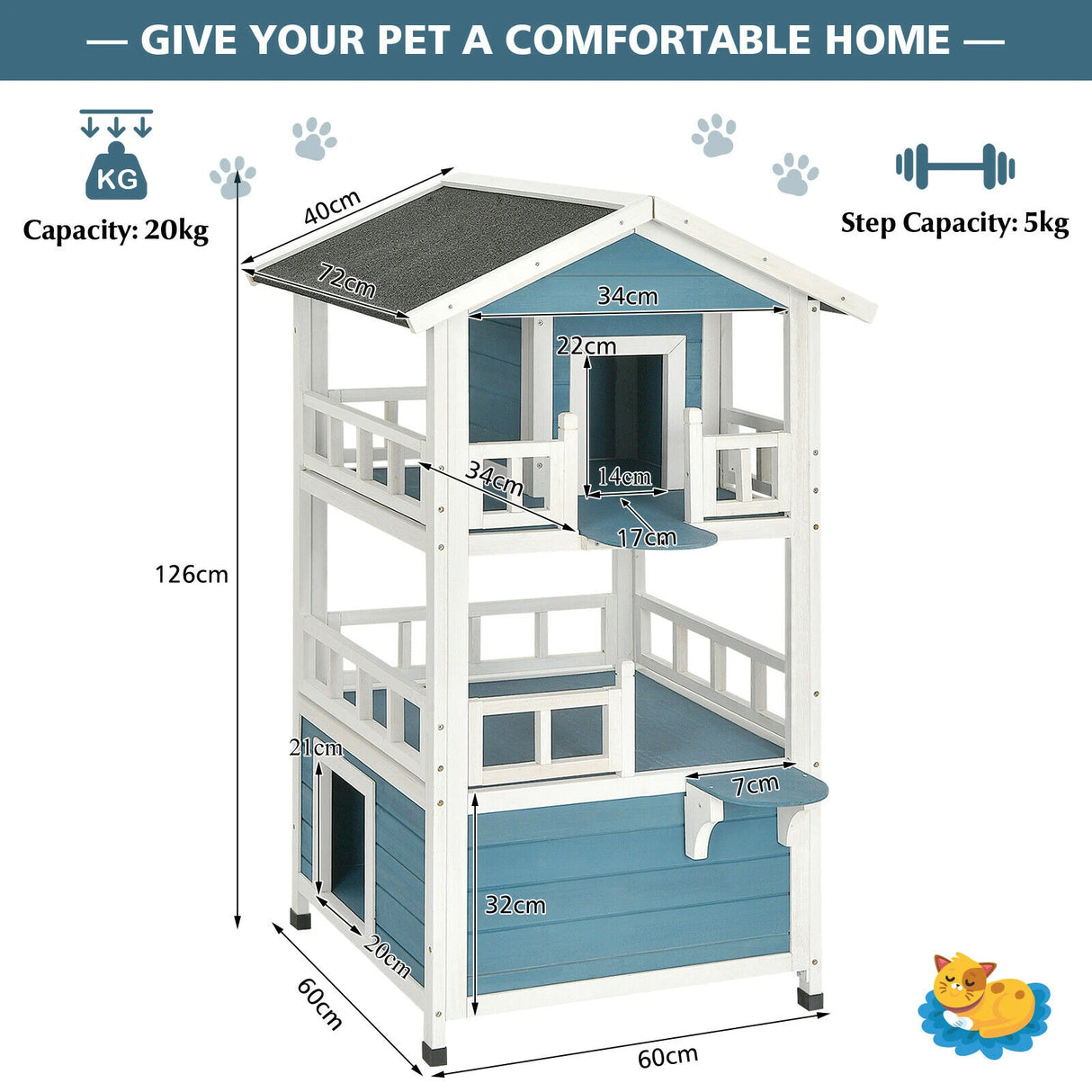2-Story Outdoor Wooden Catio Cat House Shelter with Enclosure