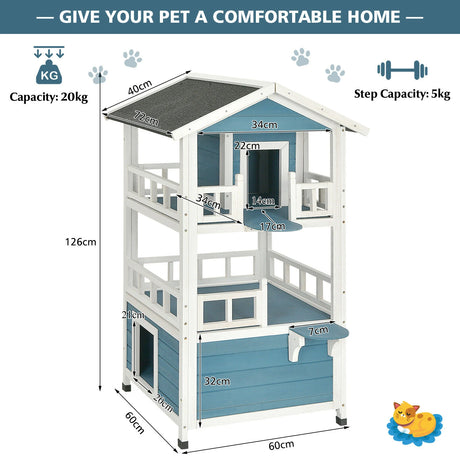 2-Story Outdoor Wooden Catio Cat House Shelter with Enclosure