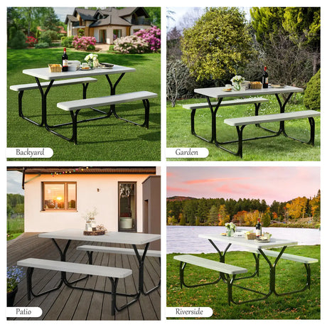 Picnic Table and Bench Set with Metal Frame and All Weather-resistant Surface for Backyard-White